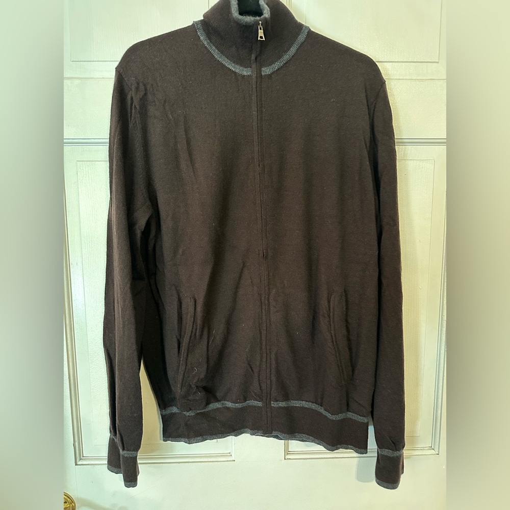 Banana Republic Extra Fine Merino Wool Zip Cardigan in brown w gray size large